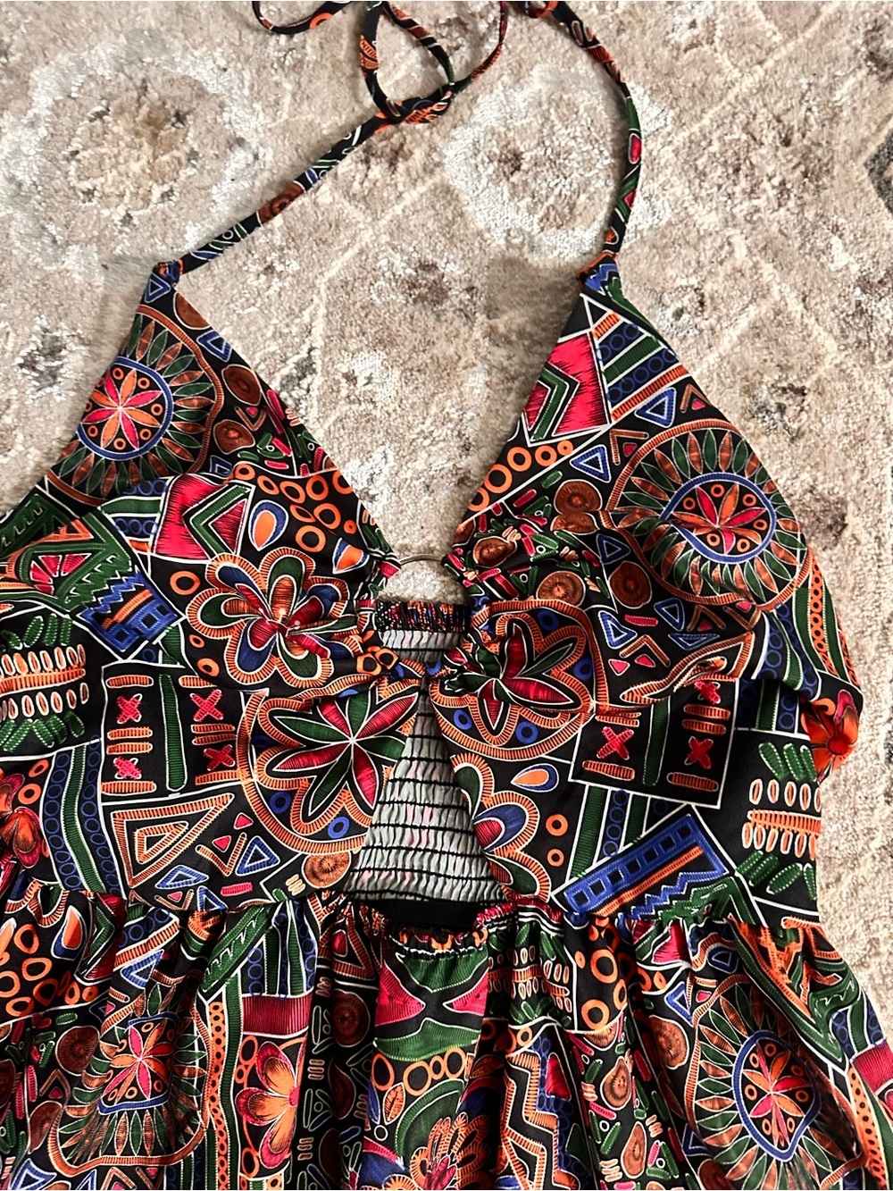 Boho Tribal Print Halter Dress | Cutout Sundress | Festival Vacation Resort Mini - Picture 3 of 6